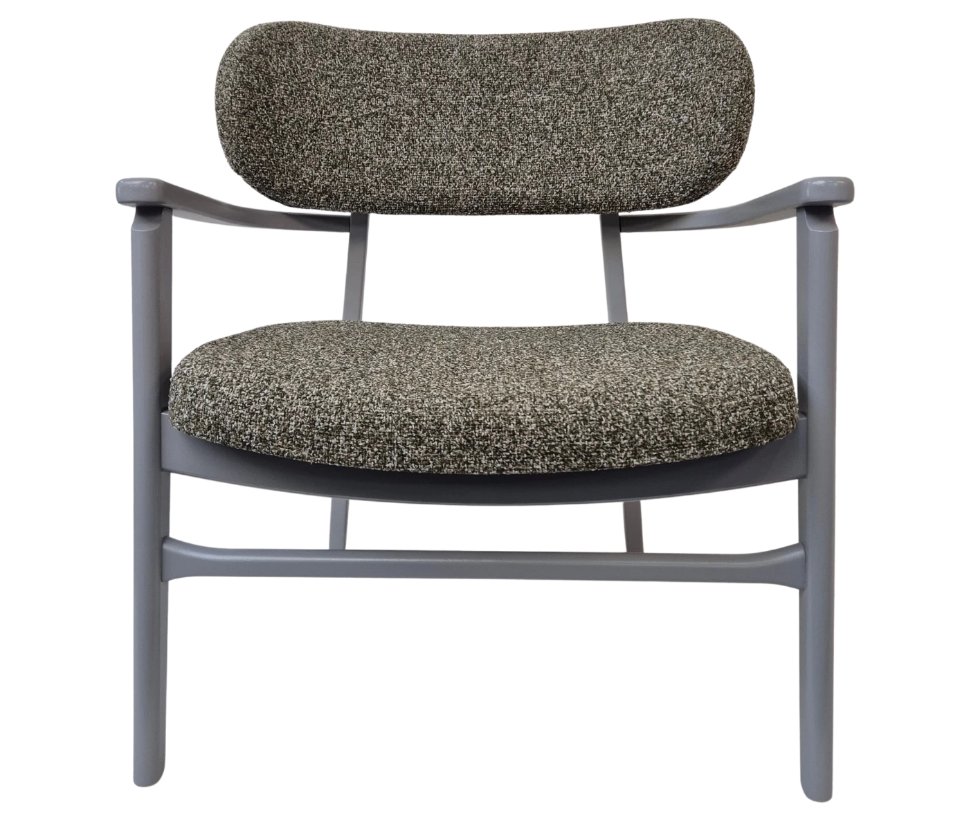 P4 Annalisa L2 lounge chair in front view, dark upholstered seat and backrest, and timber frame.