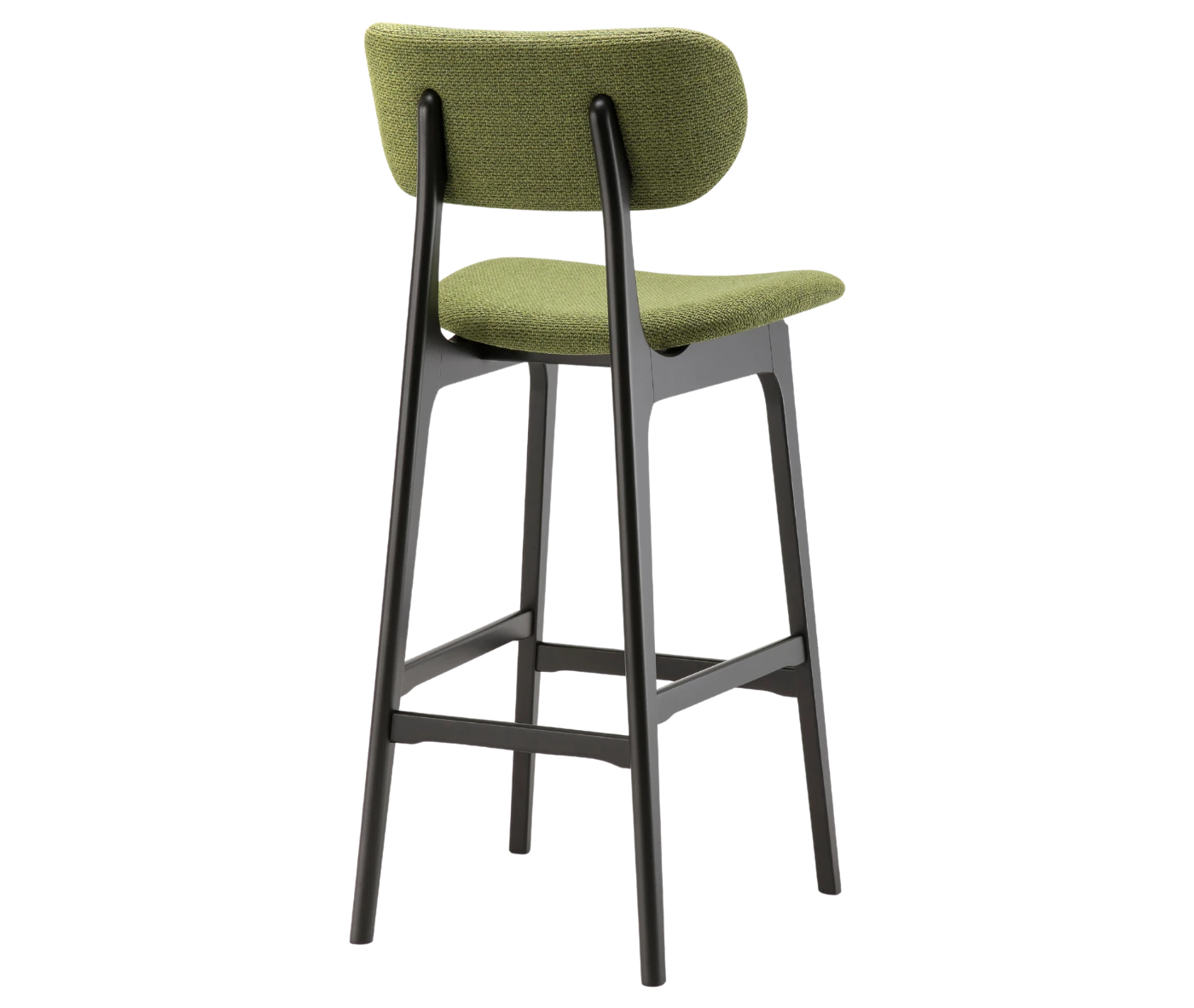 P4 Annalisa S2 stool in back view, upholstered seat and backrest, and dark timber frame.