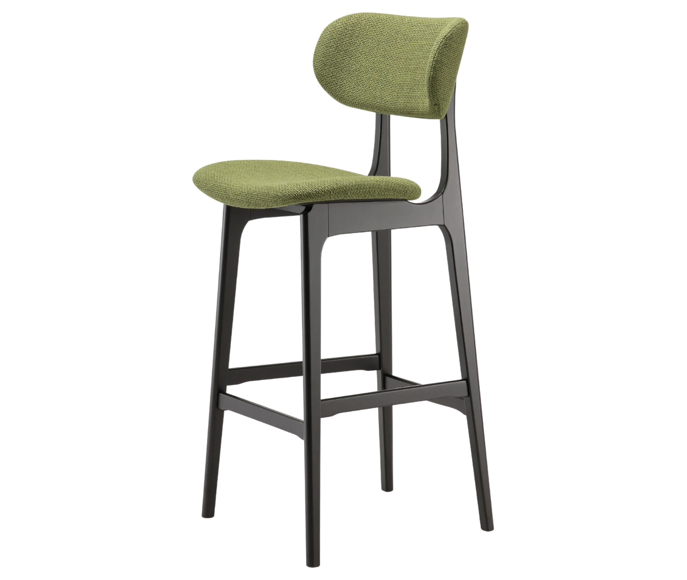 P4 Annalisa S2 stool in front-left view, upholstered seat and backrest, and dark timber frame.