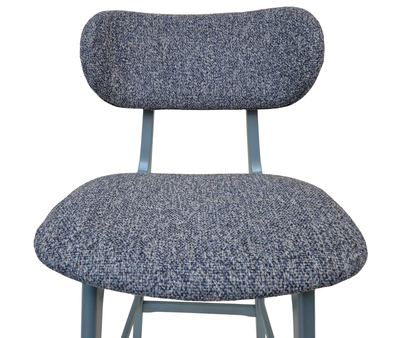 Close-up of P4 Annalisa S2 stool in front view, dark upholstered seat and backrest, and timber frame.