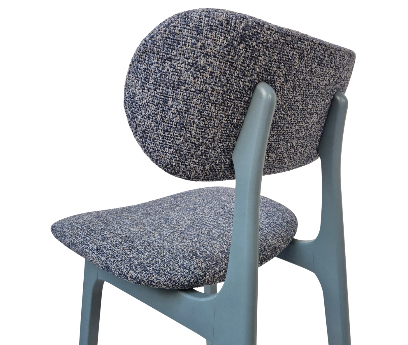 Close-up of P4 Annalisa S2 stool in back-right view, dark upholstered seat and backrest, and timber frame.