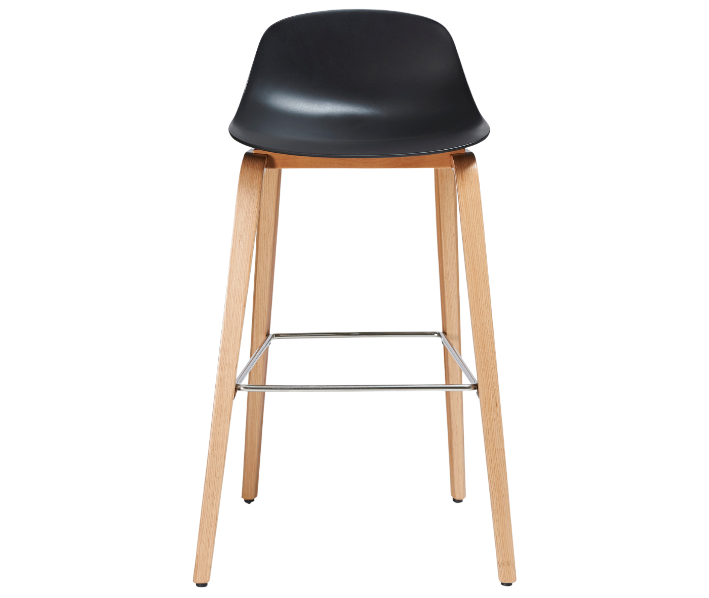 P4 Loop Mini stool in front view with polypropylene seat, timber frame, and metal foot rest.