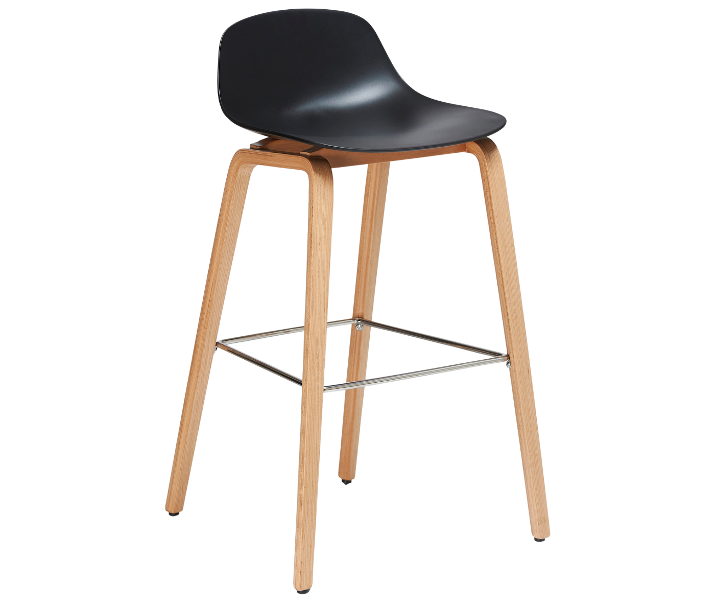 P4 Loop Mini stool in front-right view with polypropylene seat, timber frame, and metal foot rest.