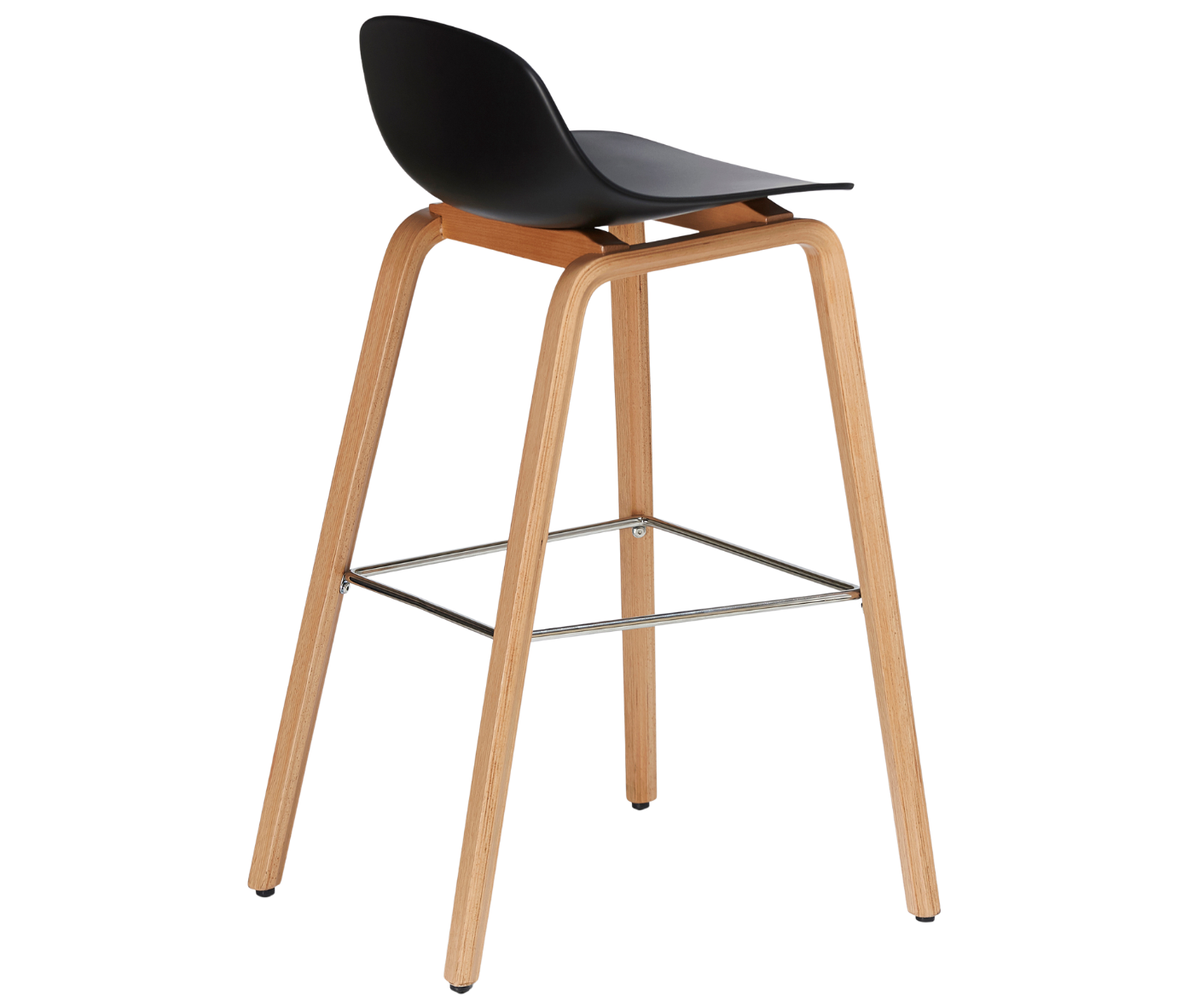 P4 Loop Mini stool in front-right view with polypropylene seat, timber frame, and metal foot rest.