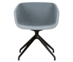 True Arca chair, front view with a light blue fully upholstered wraparound shell on a four-star metal swivel base.