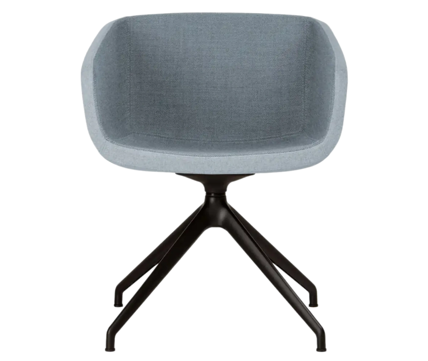 True Arca chair, front view with a light blue fully upholstered wraparound shell on a four-star metal swivel base.