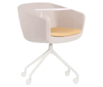 True Arca chair, front-right view with side table and fully upholstered wraparound shell on a four-star metal swivel base.