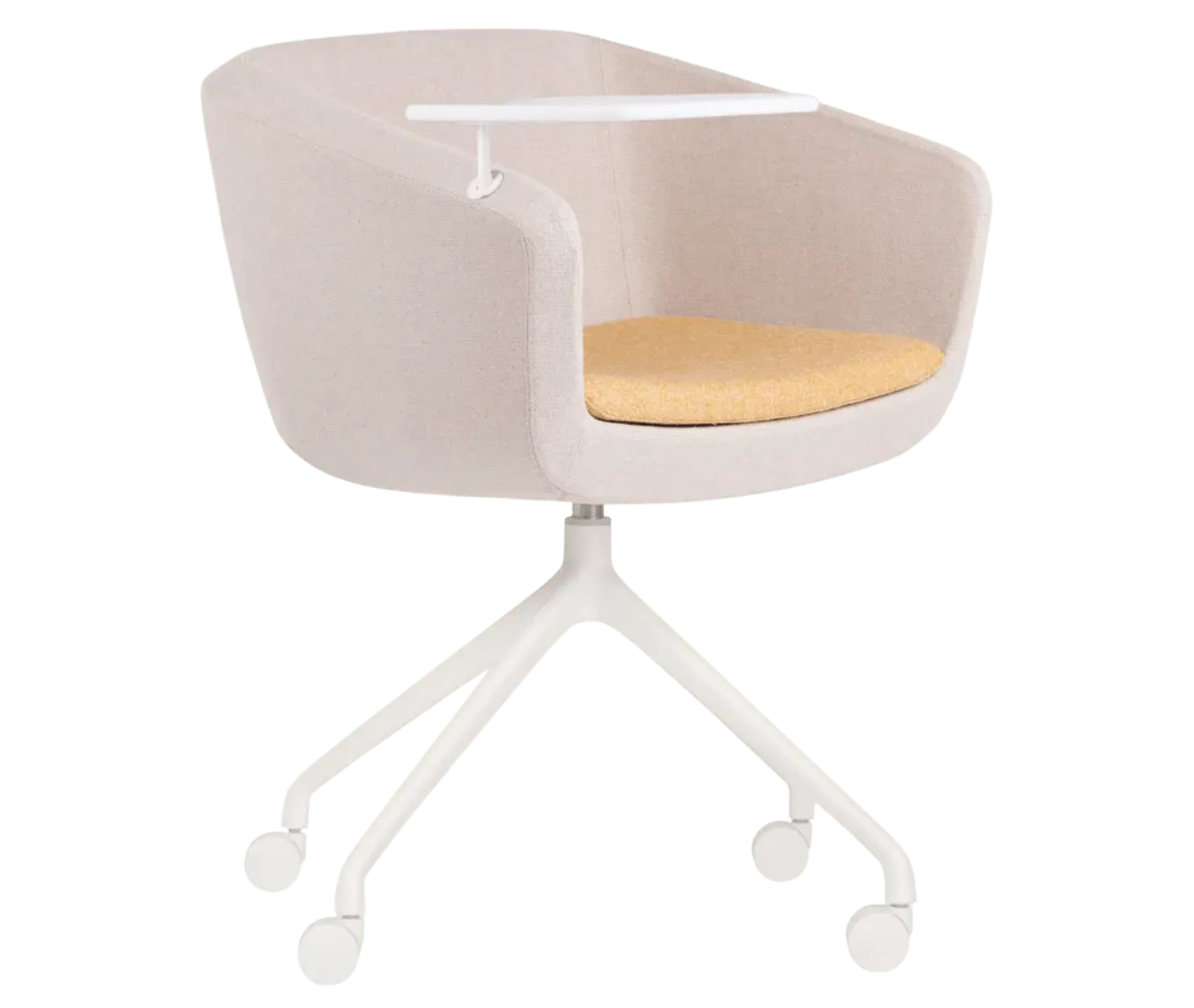 True Arca chair, front-right view with side table and fully upholstered wraparound shell on a four-star metal swivel base.