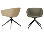 True Arca lounge chairs with fully upholstered shell, and swivel metal base in dark finish.
