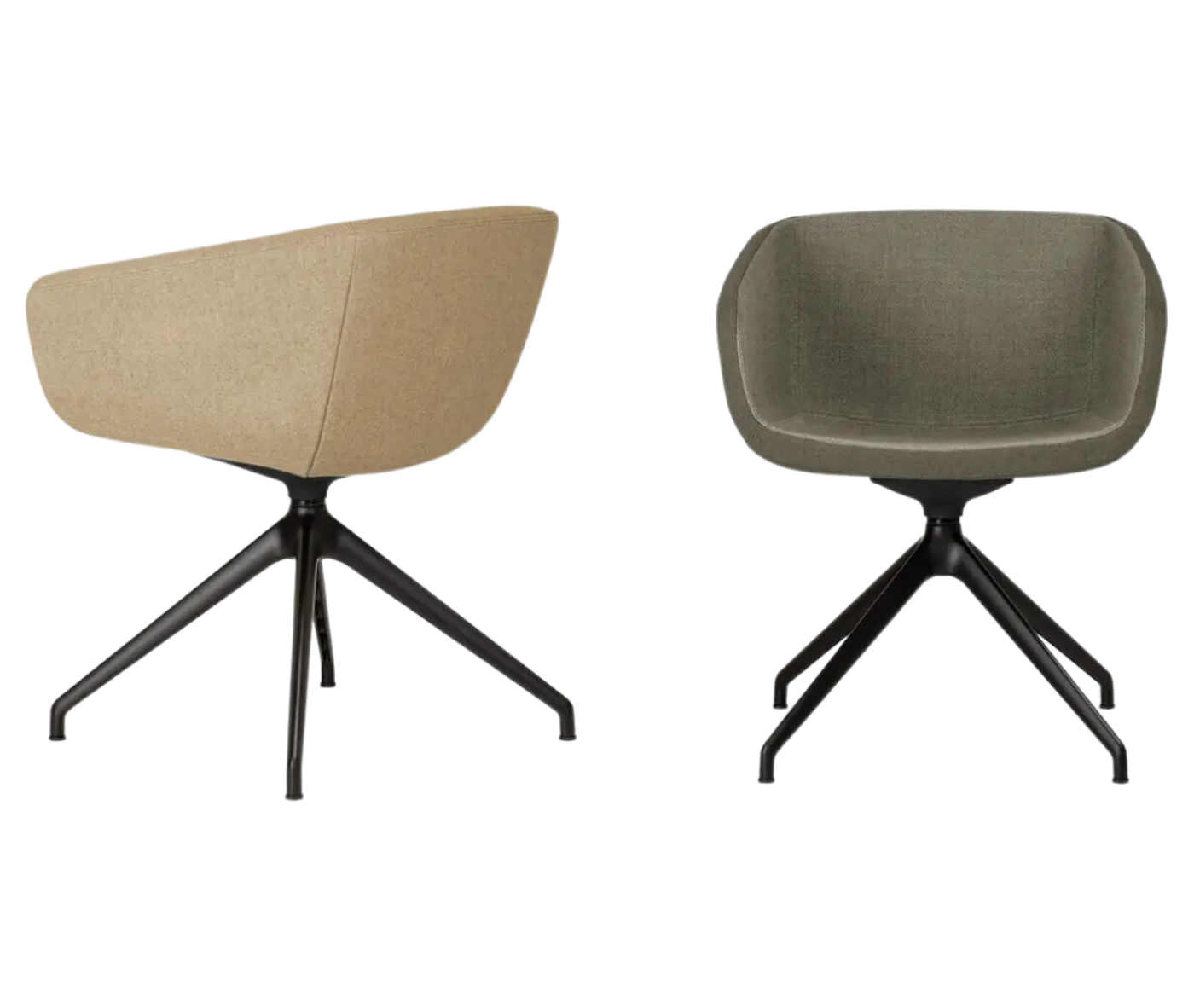 True Arca lounge chairs with fully upholstered shell, and swivel metal base in dark finish.