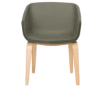 True Arca chair, front view with a dark olive green fully upholstered wraparound shell and natural timber legs.
