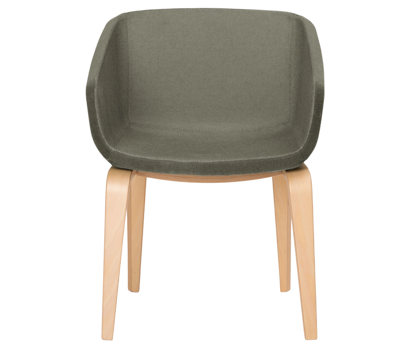 True Arca chair, front view with a dark olive green fully upholstered wraparound shell and natural timber legs.