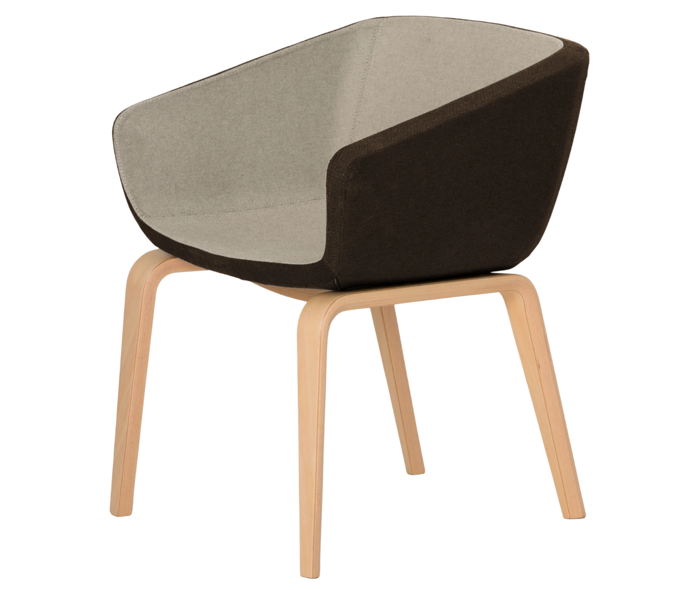 True Arca chair, front-left view with a grey and dark brown upholstery and timber legs.