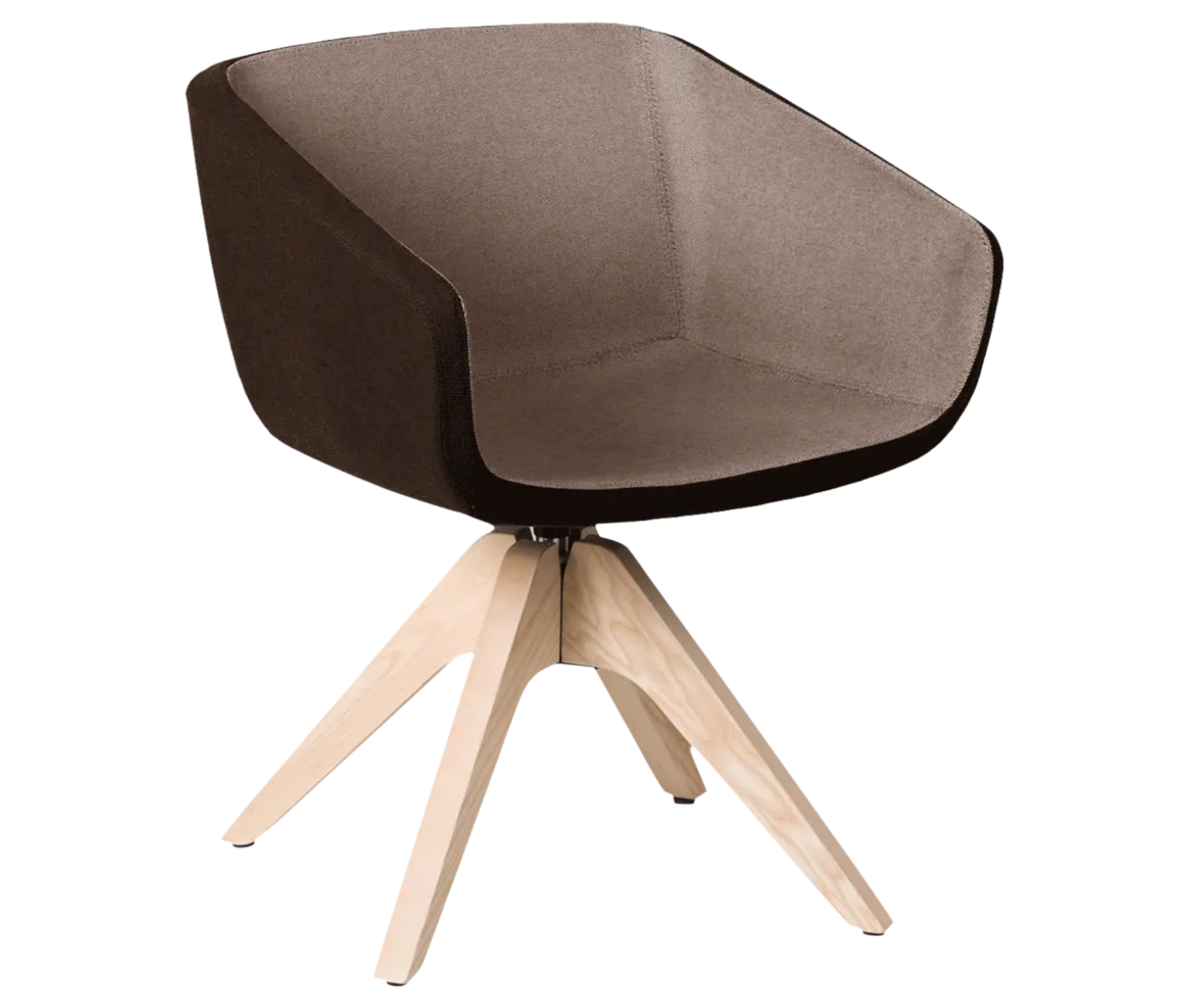 True Arca chair, front-right view with a grey and dark brown upholstery and timber legs.