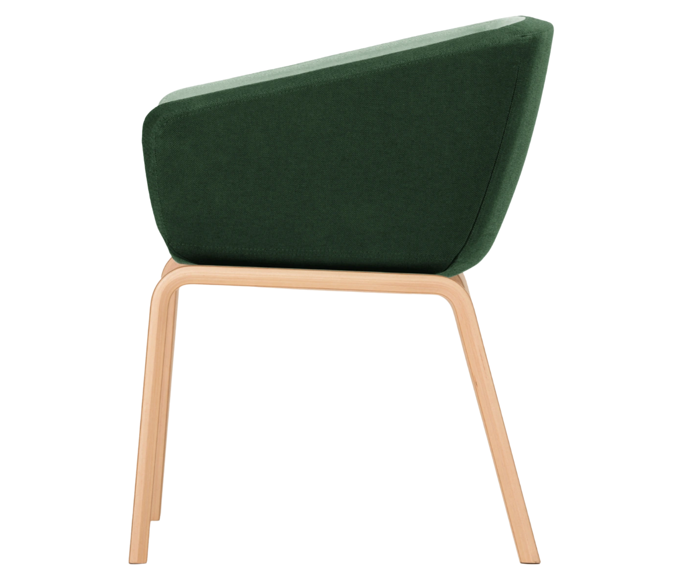 True Arca chair, left side view with a dark green fully upholstered wraparound shell and natural timber legs.