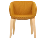 True Arca chair, front view with a yellow fully upholstered wraparound shell and natural timber legs.