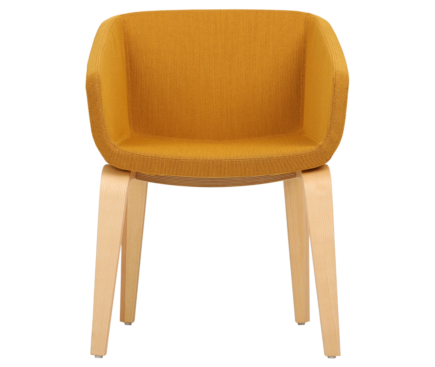 True Arca chair, front view with a yellow fully upholstered wraparound shell and natural timber legs.