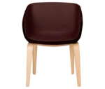 True Arca chair, front view with a dark brown fully upholstered wraparound shell and natural timber legs.
