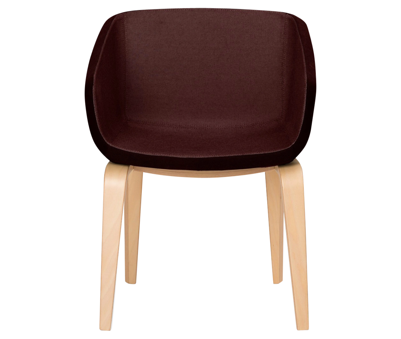 True Arca chair, front view with a dark brown fully upholstered wraparound shell and natural timber legs.