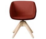 True Arca chair, front view with a dark red fully upholstered wraparound shell and natural timber legs.
