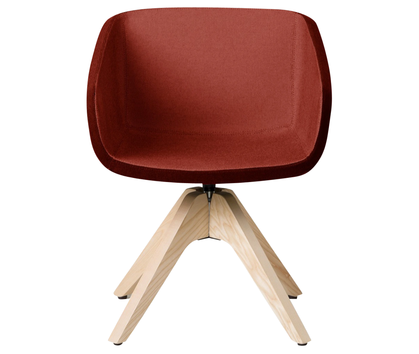 True Arca chair, front view with a dark red fully upholstered wraparound shell and natural timber legs.