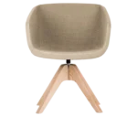 True Arca chair, front view with a beige fully upholstered wraparound shell and natural timber legs.