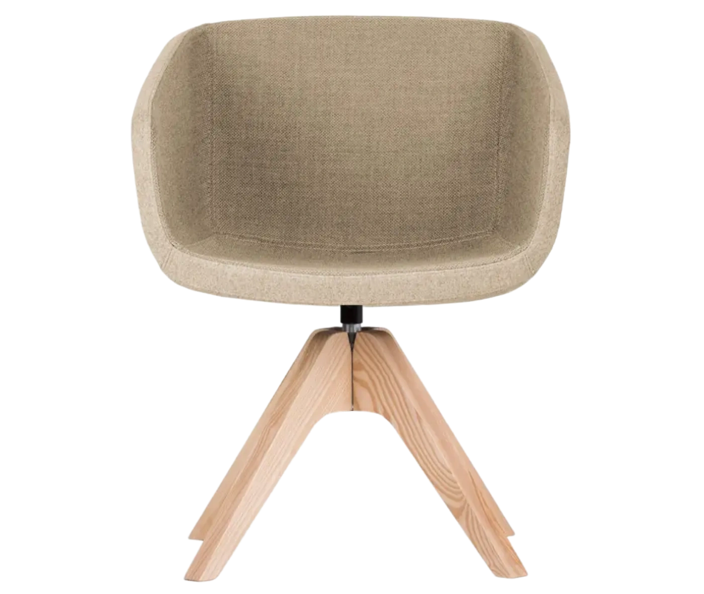 True Arca chair, front view with a beige fully upholstered wraparound shell and natural timber legs.