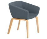 True Arca chair, front-right view with a dark blue fully upholstered wraparound shell and natural timber legs.