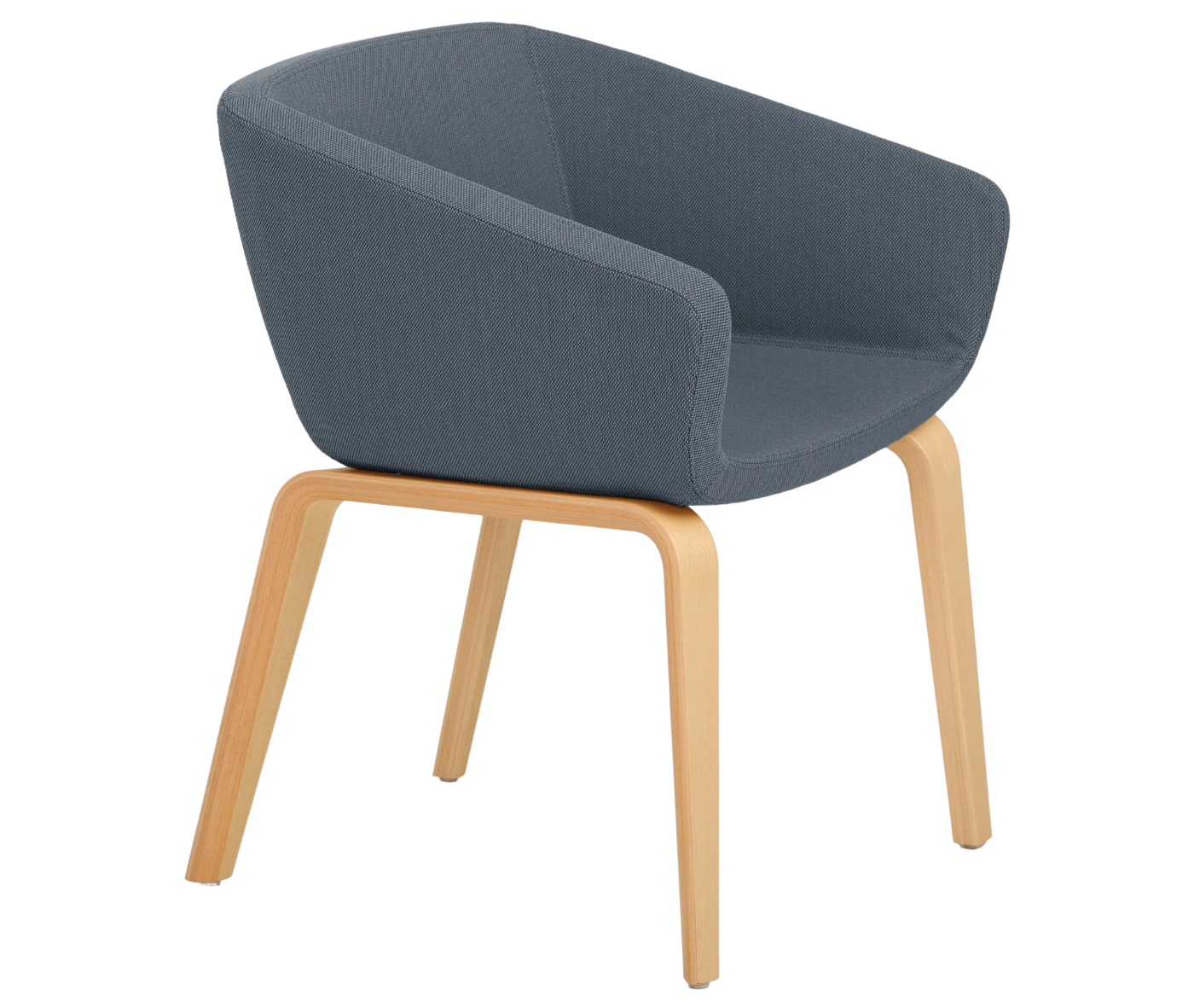True Arca chair, front-right view with a dark blue fully upholstered wraparound shell and natural timber legs.