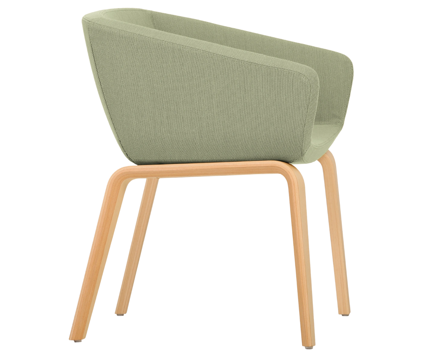 True Arca chair, right-side view with a light green fully upholstered wraparound shell and natural timber legs.