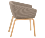 True Arca chair, right-side view with a dark beige fully upholstered wraparound shell and natural timber legs.