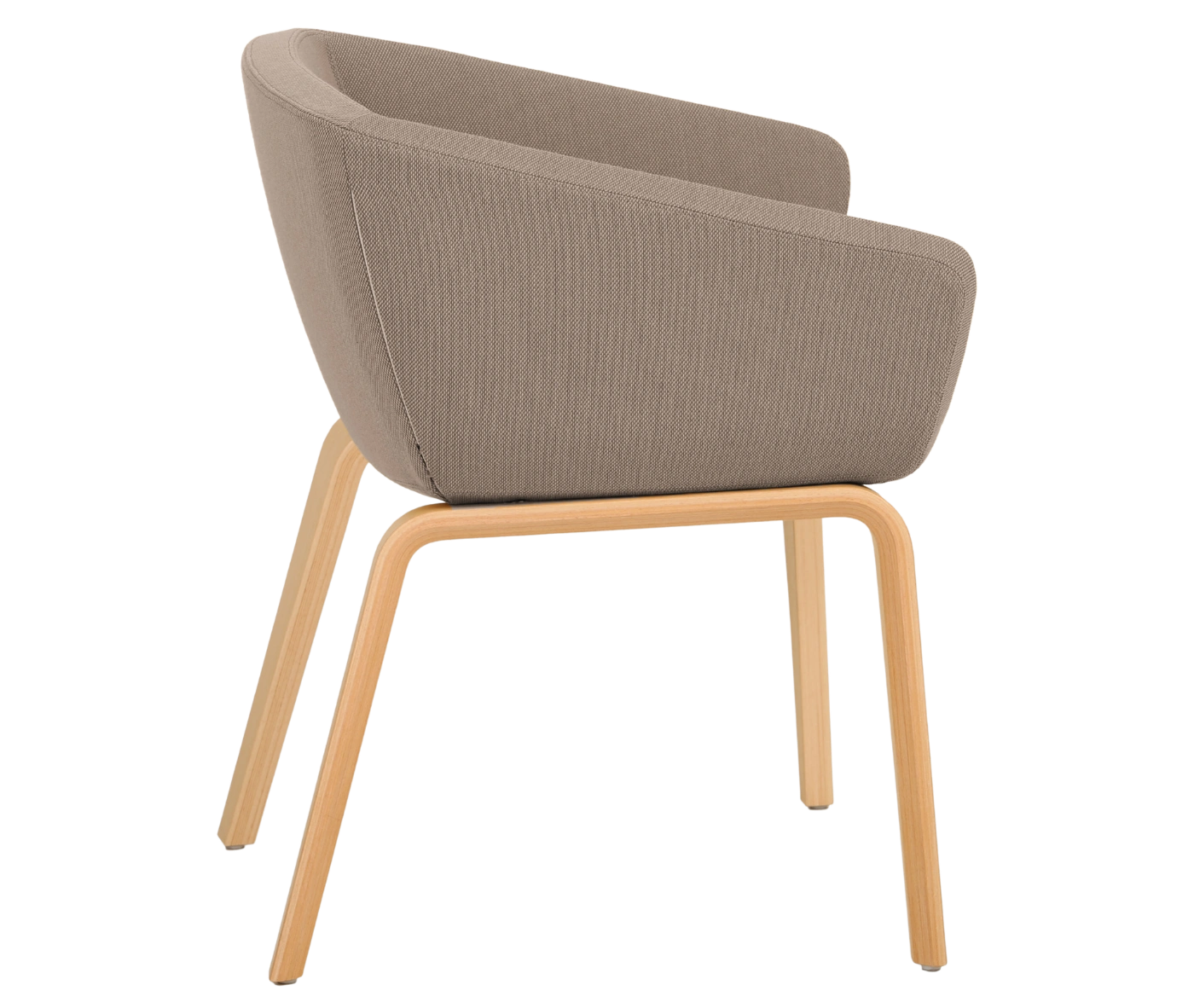 True Arca chair, right-side view with a dark beige fully upholstered wraparound shell and natural timber legs.