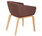 True Arca chair, right-side view with a dark brown fully upholstered wraparound shell and natural timber legs.
