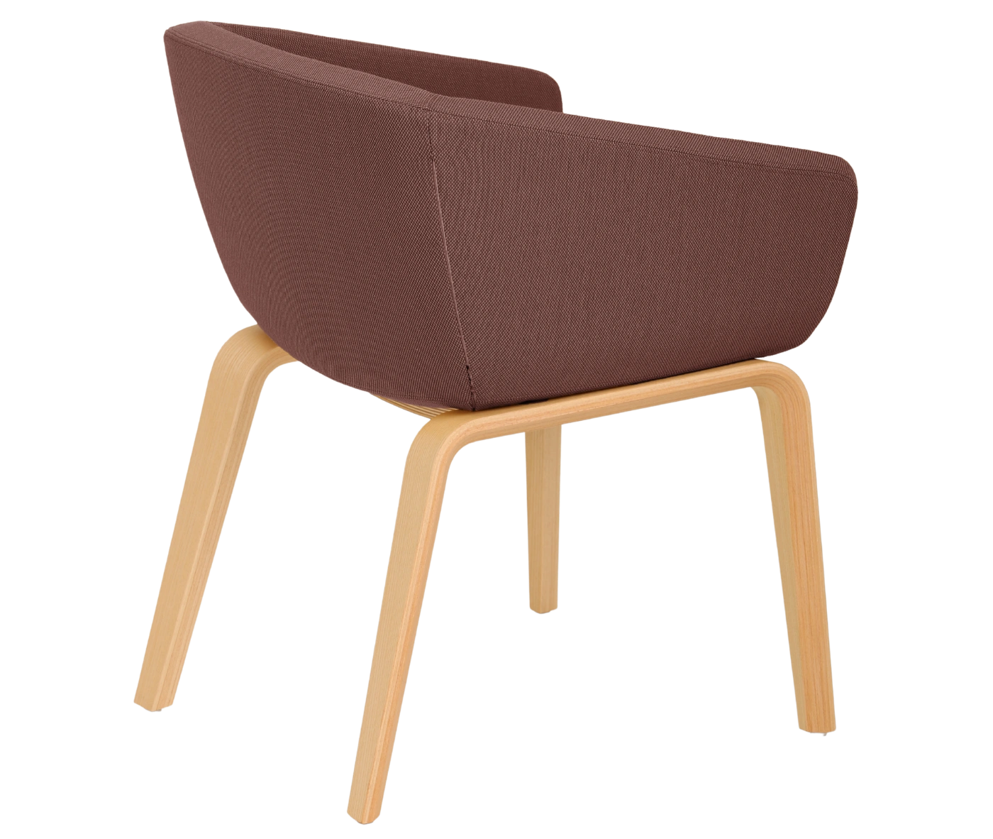True Arca chair, right-side view with a dark brown fully upholstered wraparound shell and natural timber legs.