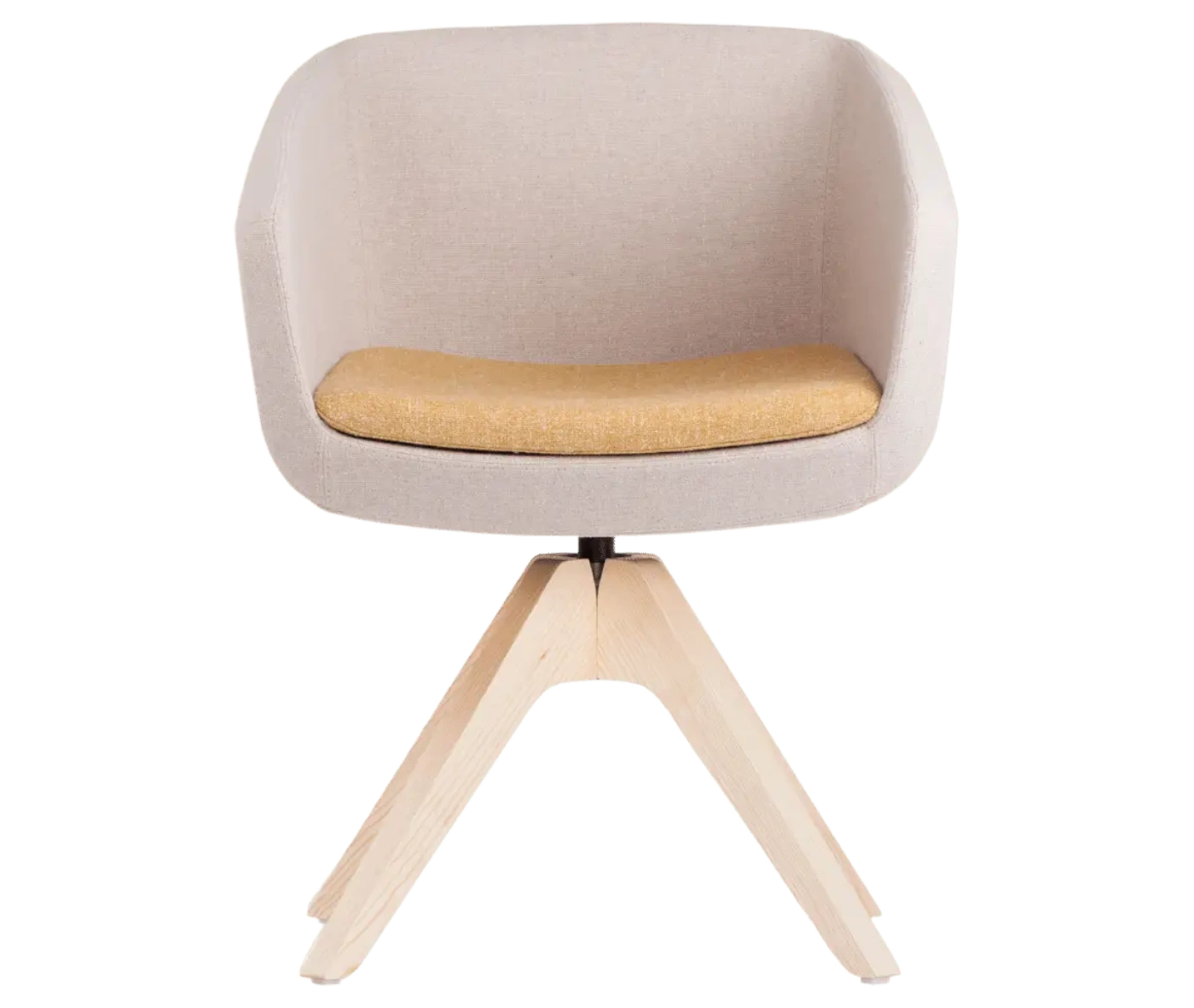 True Arca chair, front view with fully upholstered wraparound shell on a four-star timber swivel base.