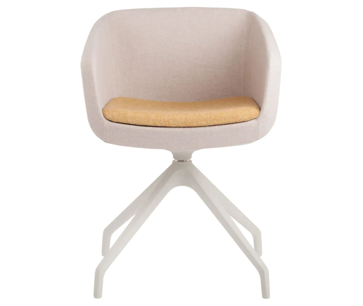 True Arca chair, front view with a white fully upholstered wraparound shell on a four-star metal swivel base.