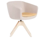 True Arca chair, front view with a white fully upholstered wraparound shell on a four-star timber swivel base.