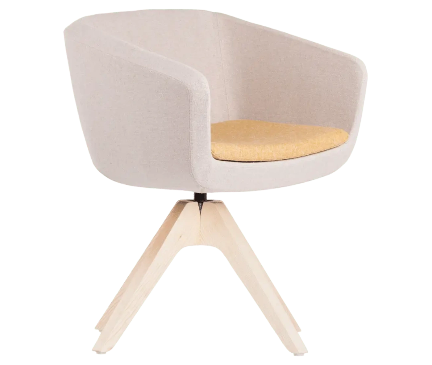 True Arca chair, front view with a white fully upholstered wraparound shell on a four-star timber swivel base.