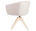 True Arca chair, angled back view with a white fully upholstered wraparound shell on a four-star timber swivel base.