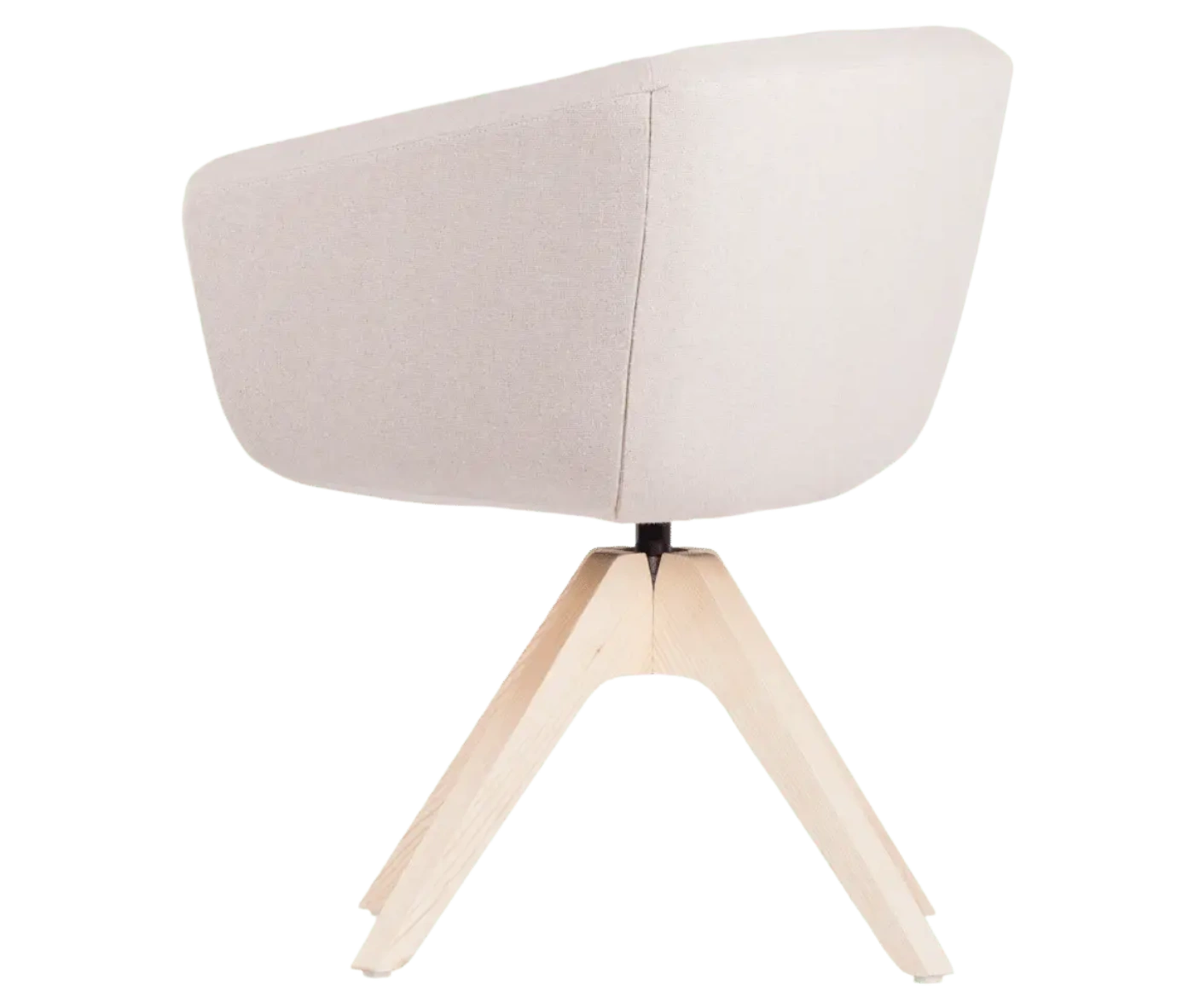 True Arca chair, angled back view with a white fully upholstered wraparound shell on a four-star timber swivel base.