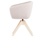 True Arca chair, left-side view with a white fully upholstered wraparound shell on a four-star timber swivel base.