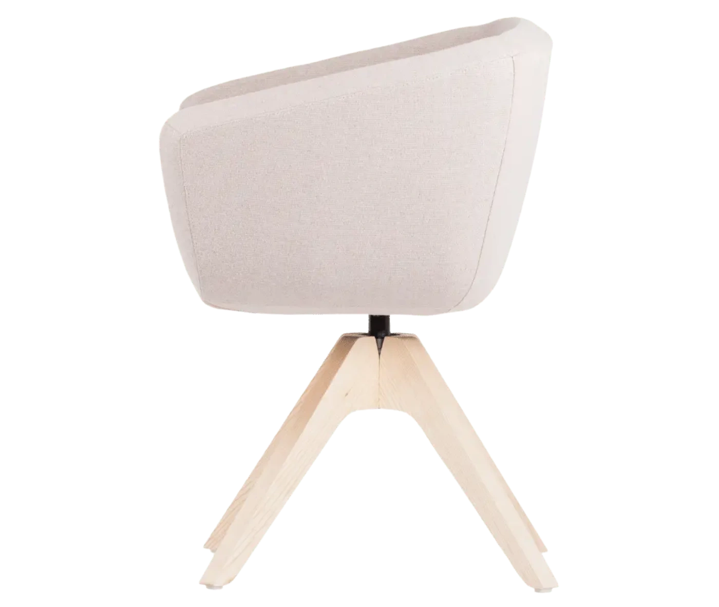True Arca chair, left-side view with a white fully upholstered wraparound shell on a four-star timber swivel base.