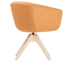 True Arca chair, right-side view with a light orange fully upholstered wraparound shell on a four-star timber swivel base.
