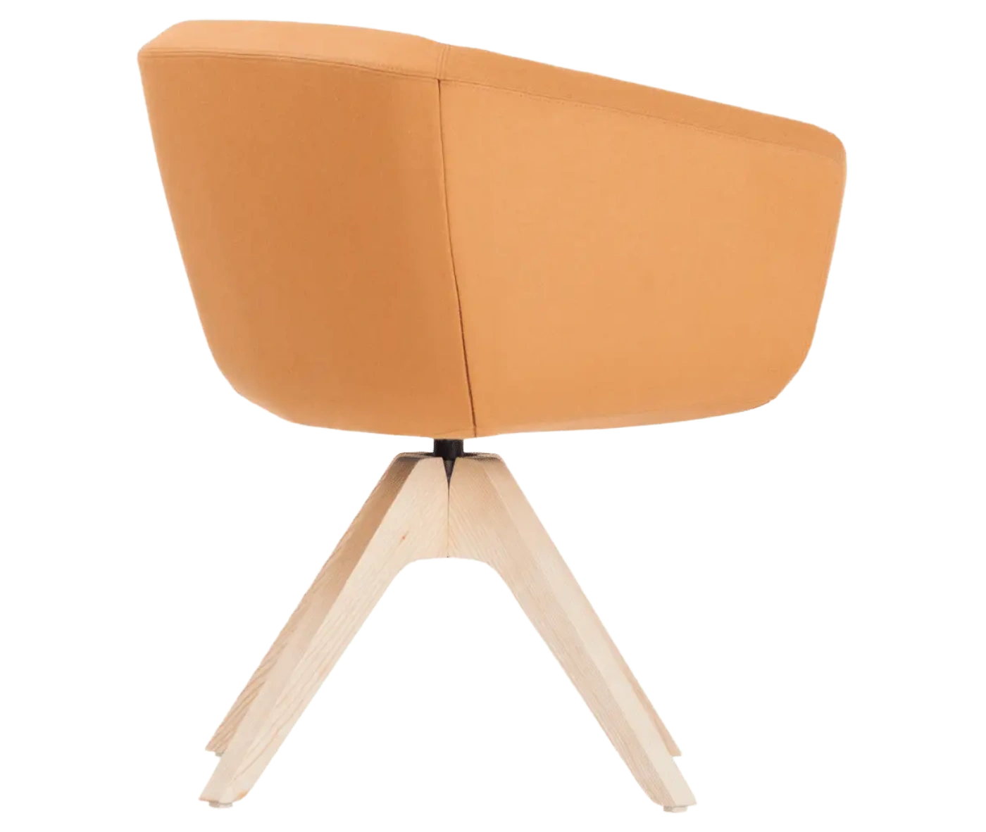 True Arca chair, right-side view with a light orange fully upholstered wraparound shell on a four-star timber swivel base.
