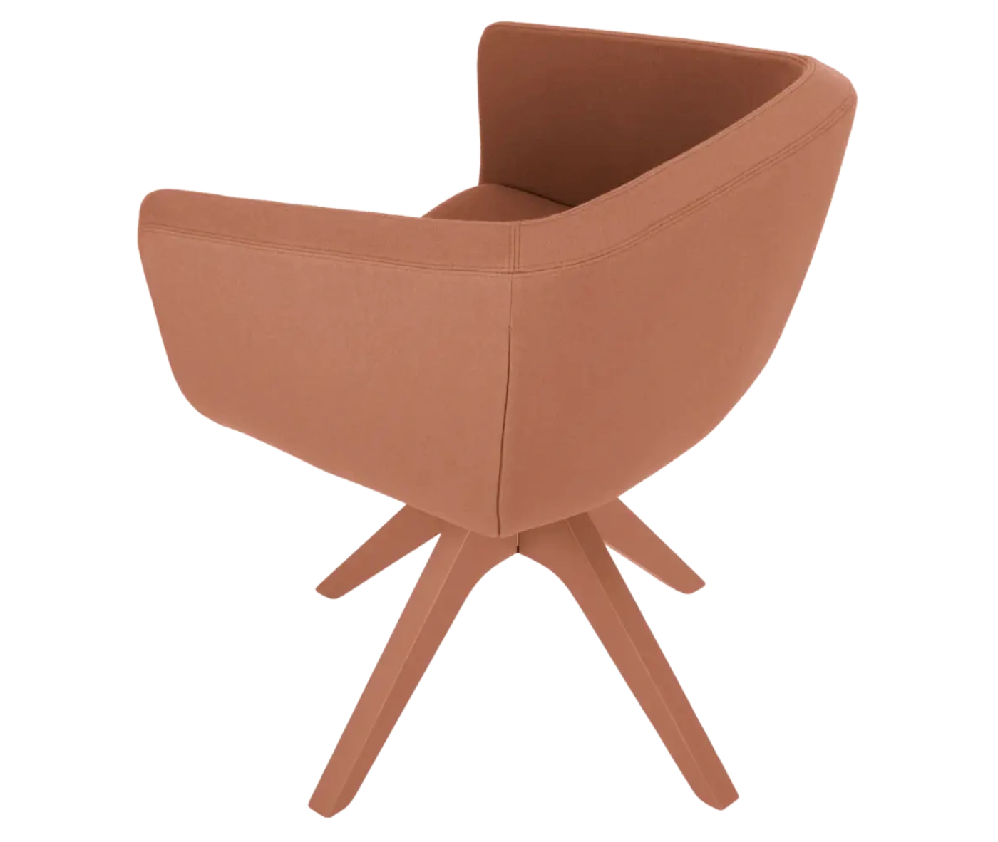 True Arca chair, top view with muted terracotta fully upholstered wraparound shell on a swivel base.