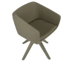 True Arca chair, top view with muted green fully upholstered wraparound shell on a swivel base.