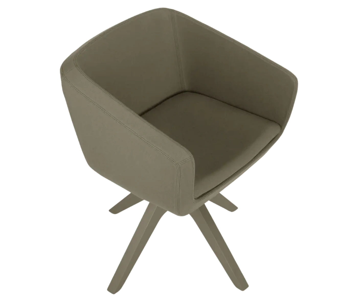 True Arca chair, top view with muted green fully upholstered wraparound shell on a swivel base.