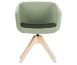 True Arca chair, front view with a light mint green fully upholstered shell, dark green seat pad, and timber swivel base.