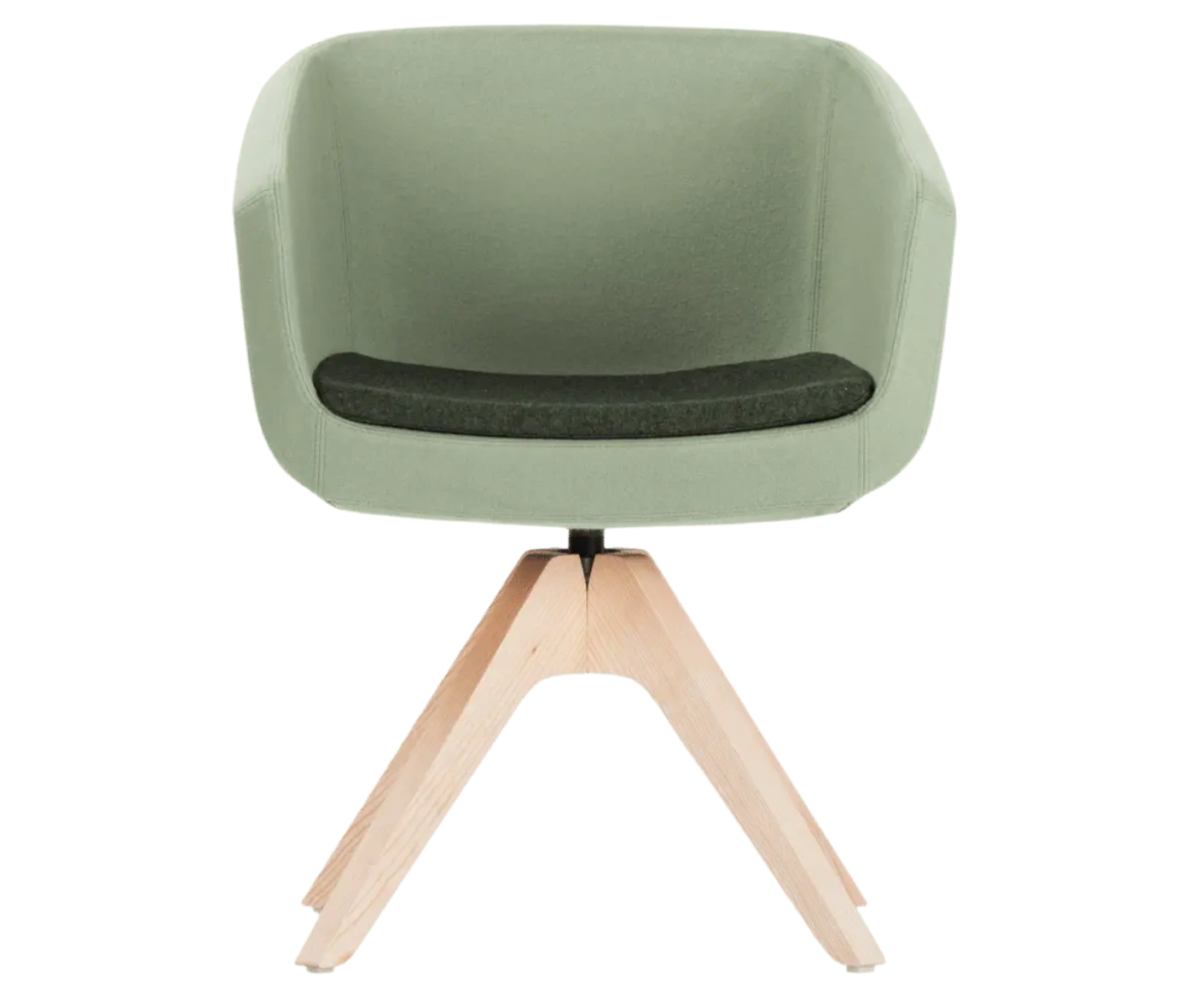 True Arca chair, front view with a light mint green fully upholstered shell, dark green seat pad, and timber swivel base.