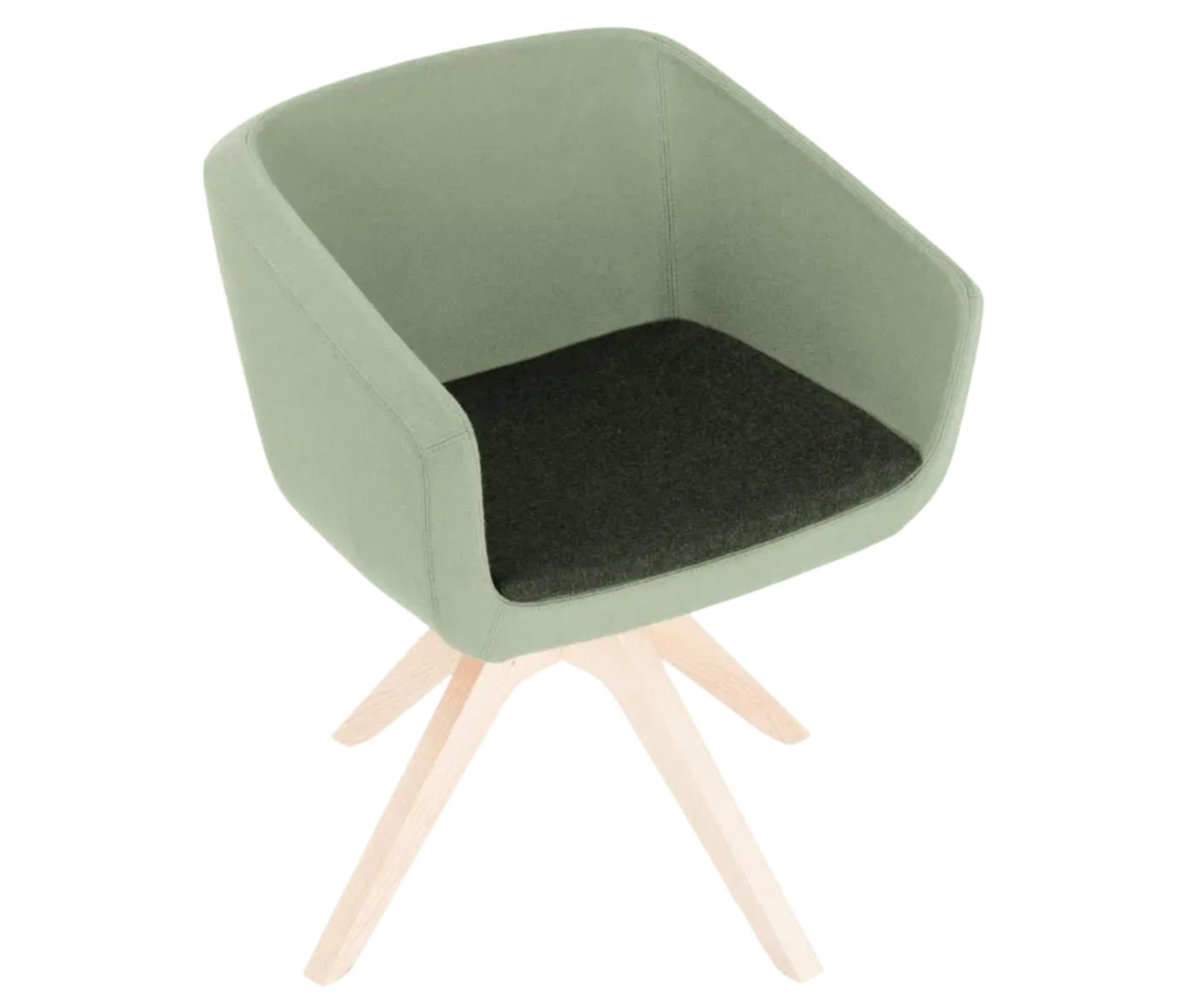 True Arca chair, top view with a light mint green fully upholstered shell, dark green seat pad, and timber swivel base.